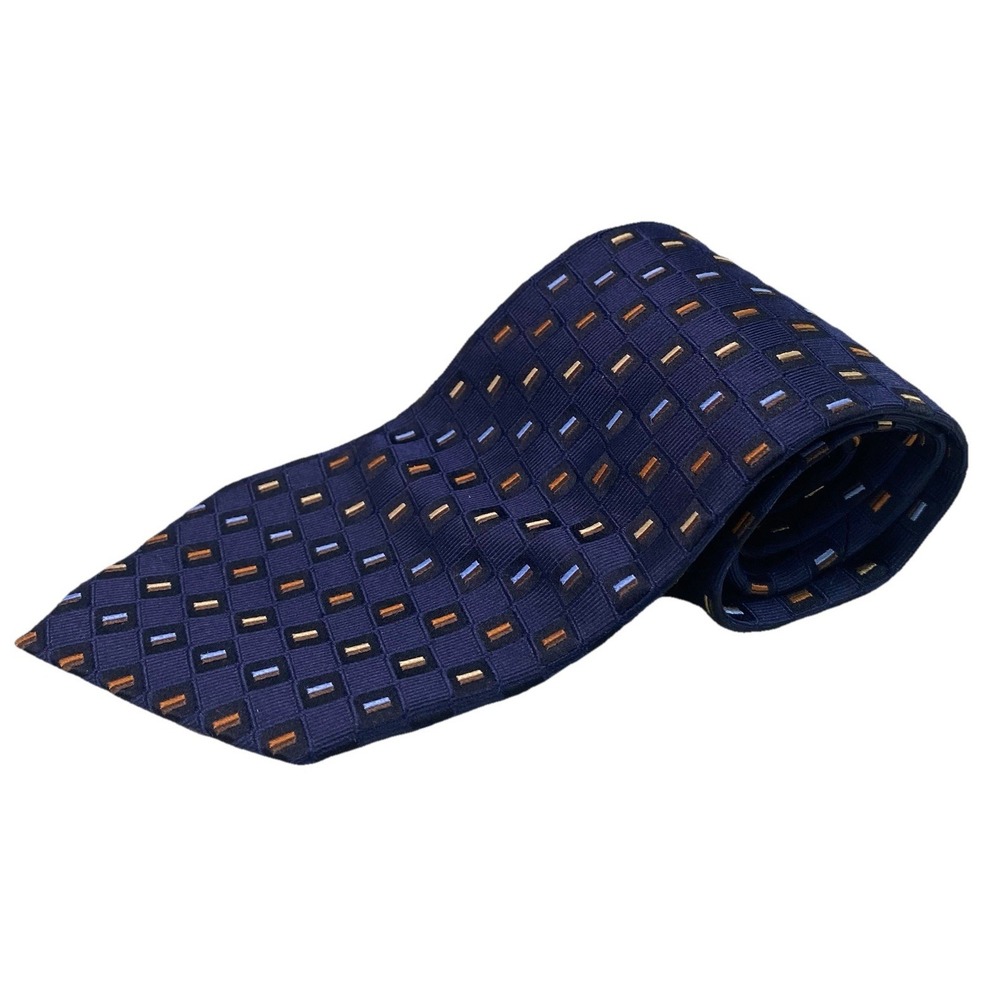 Roberto Villini Couture Men 100% Silk Necktie Navy Blue&Brown Geometric 58x3 7/8